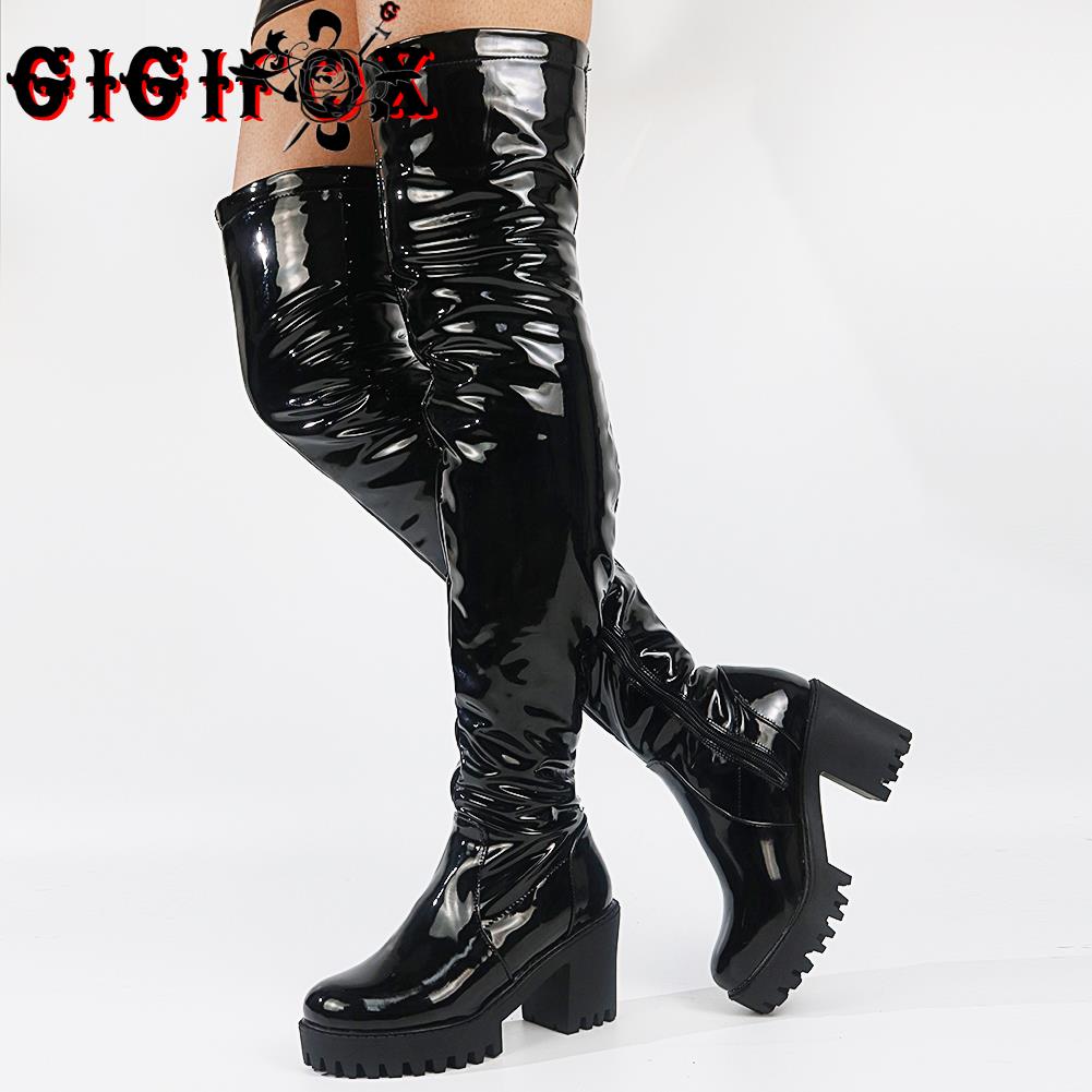 GIGIFOX 2021 지퍼 Chunky Heels 롱 부츠 슈즈 여성 플랫폼 블랙 섹시한 모던 레이디 무릎 부츠 플러스 사이즈 43